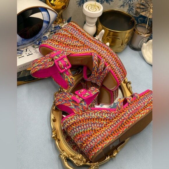 🆕 GIANNI BINI 🧿 NWOB Santi Woven Beaded Wedge Sandals - Rainbow Multi, Sz US 8 - Picture 11 of 16